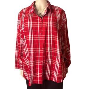 Maggie Barnes Long Sleeve Snap Front Shacket Size 28W in Red and White Plaid